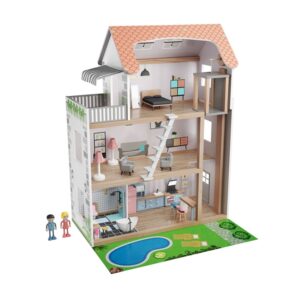 Játék fa babaház, 39 db-os készlettel