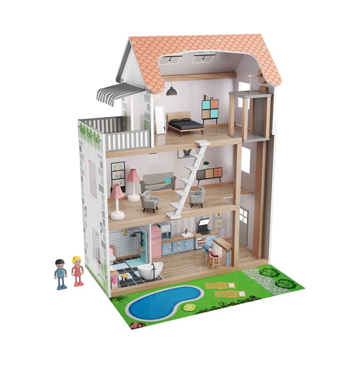 Játék fa babaház, 39 db-os készlettel