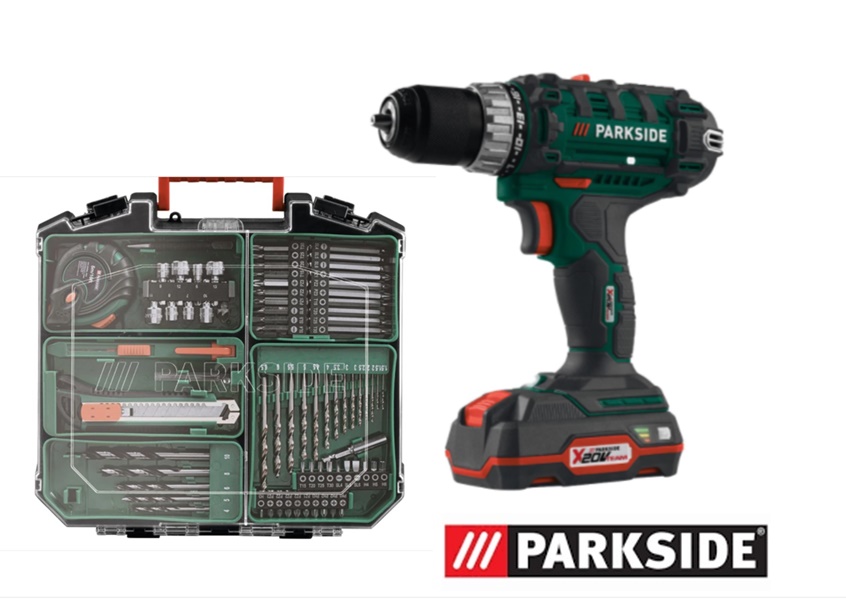 Akkus fúró, csavarozó, behajtó, 2 db akkuval és 73 db kiegészítővel, áttetsző tetejű praktikus hordozó táskában - ParkSide PABS20-LIG8