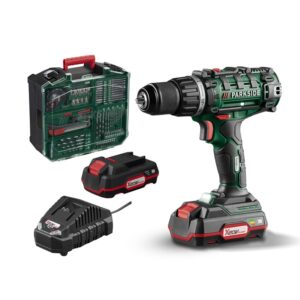 Akkus fúró, csavarozó, behajtó, 2 db akkuval +töltővel és 73 db kiegészítővel, áttetsző tetejű praktikus hordozó táskában – ParkSide