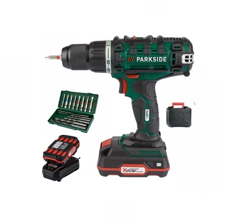 ParkSide akkus fúró, csavarbehajtó bitkészlettel, kofferben, akkuval és töltővel együtt PABS 20-Li E6
